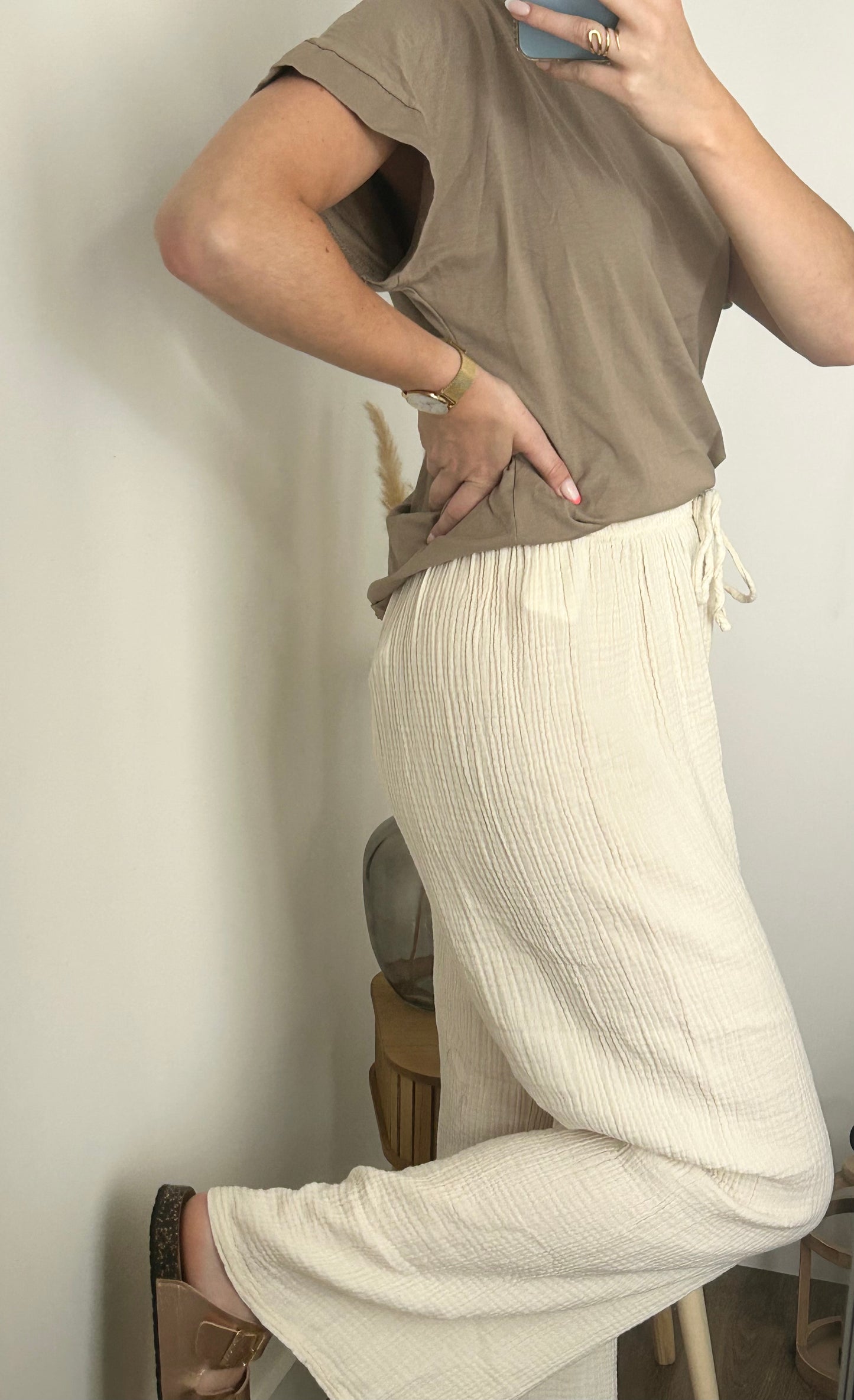 Pantalon beige en gaze de coton